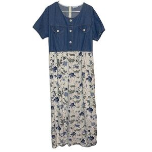 Peggy Sue Wears Blue Cottagecore Floral Modest Denim Long Dress Vintage